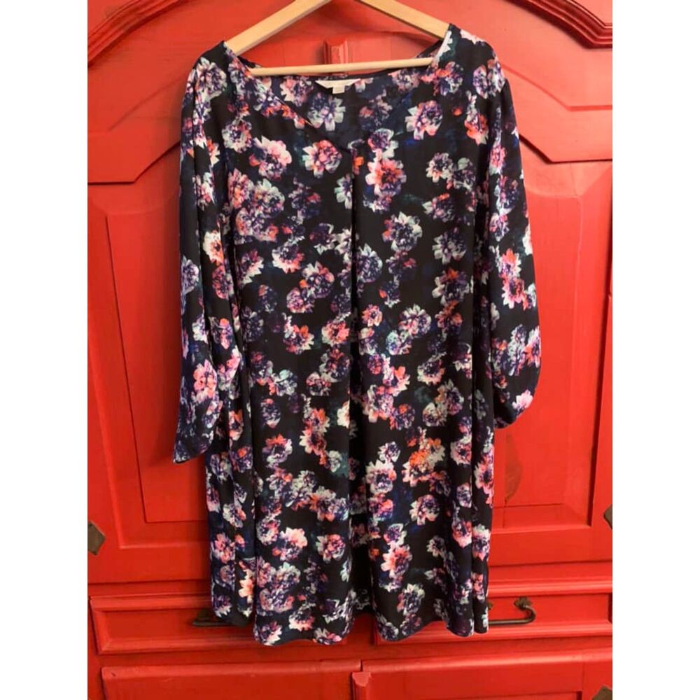 Decree 3X Long Tunic or Shorter Dress Black Floral Purple Pink Tab Sleeve EUC